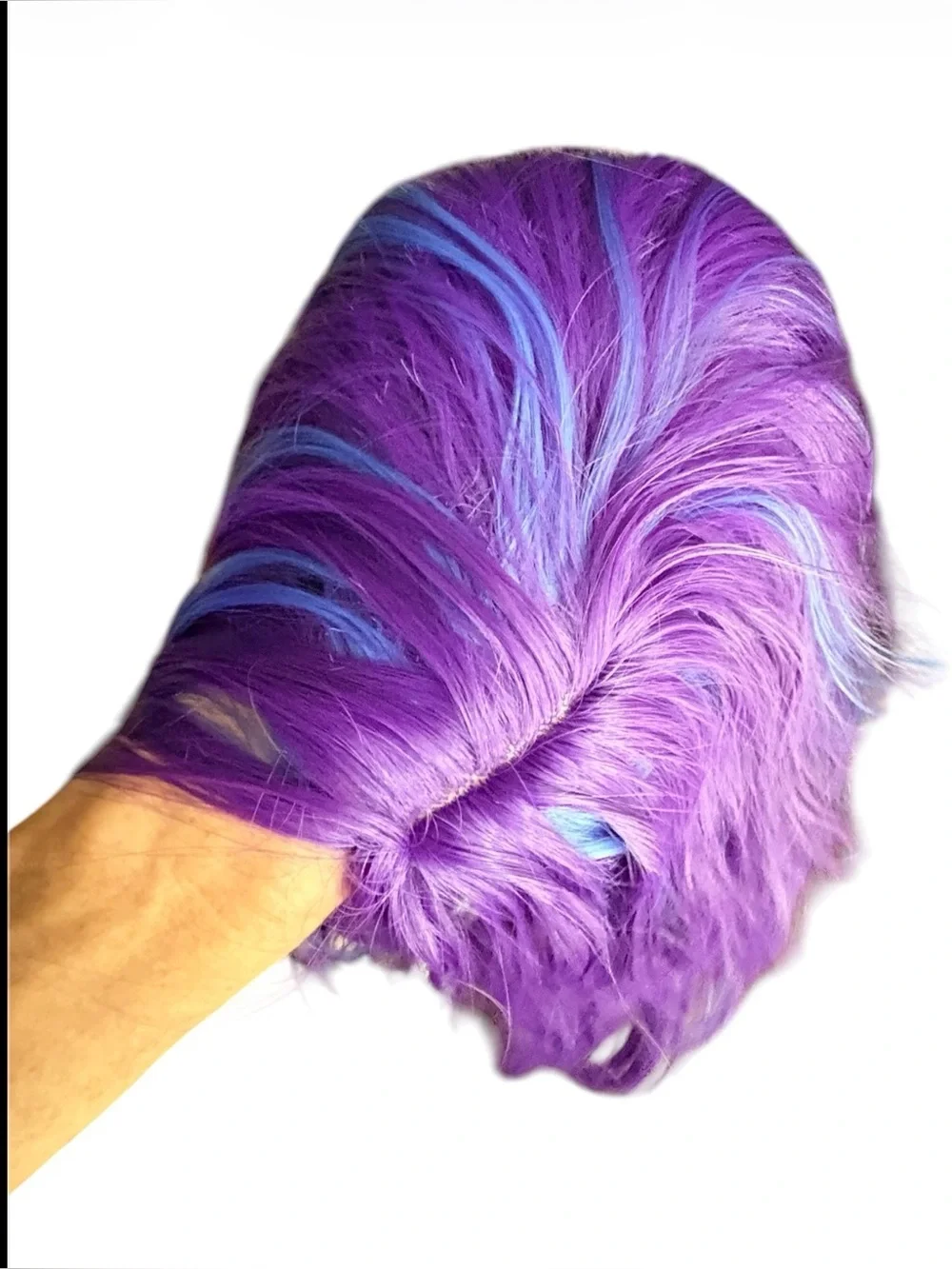 Purple synthetic long wig with blue highlights